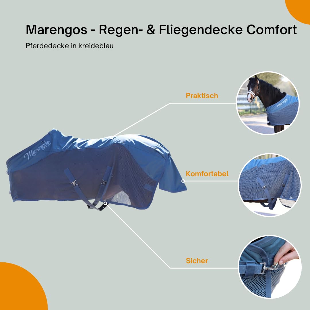 Marengos - Regen- & Fliegendecke Comfort – Pferdedecke mit Mesh, Kreuzgurten, Triplex-Verschluss & Ringe für Halsteil – reißfeste Regendecke – Outdoordecke f. Pferde – Kreideblau – 135cm | Pferdedecke mit Mesh, Kreuzgurten, Triplex-Verschluss & Ringe für