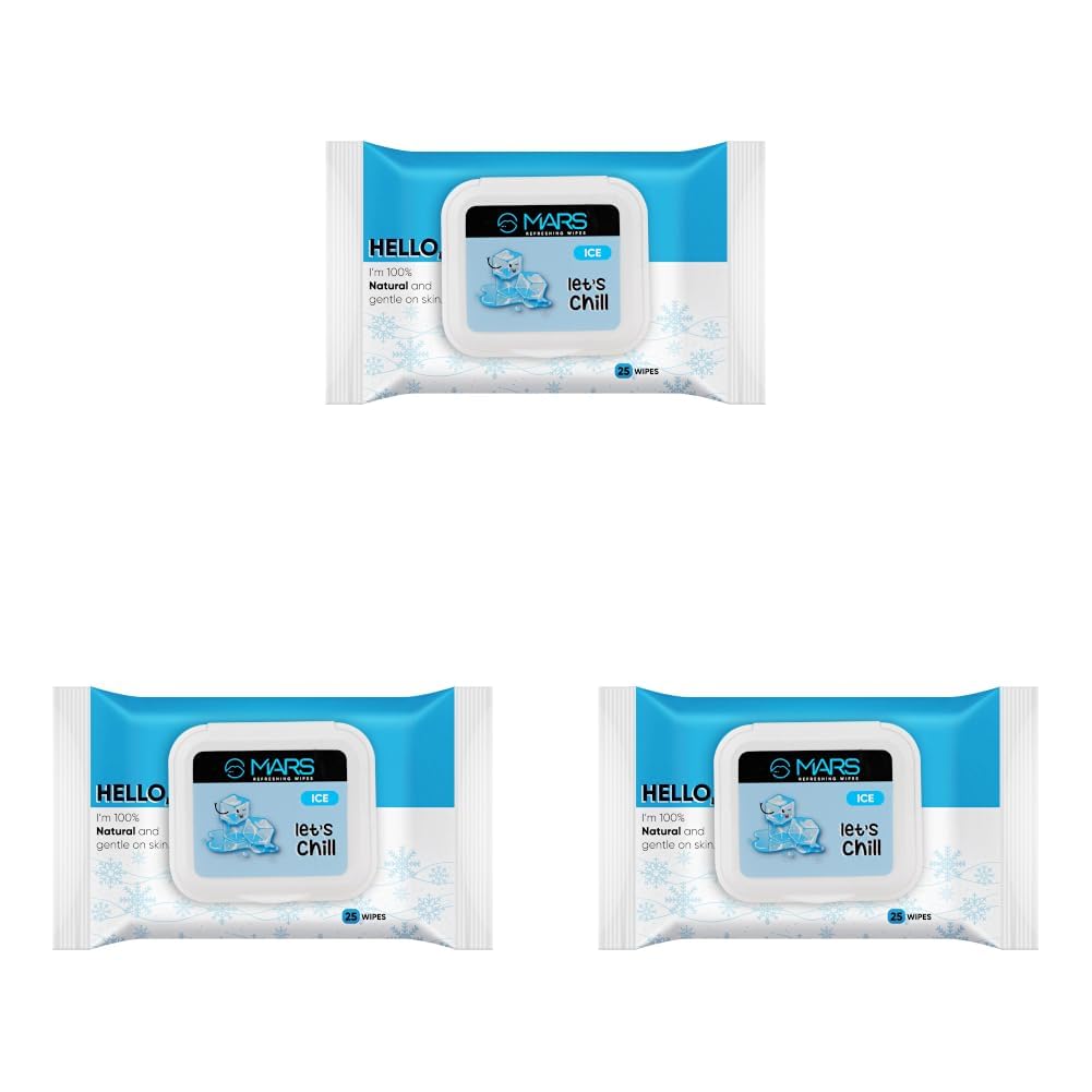 MARS Refreshing Wet Wipes for Face| Facial Cleansing | Refreshing & Skin Hydration| Soothing for skin | pH Balance & Alcohol Free | Nourishing with Fruit extract | 25 Wipes (Ice) (Pack of 3)-image-43
