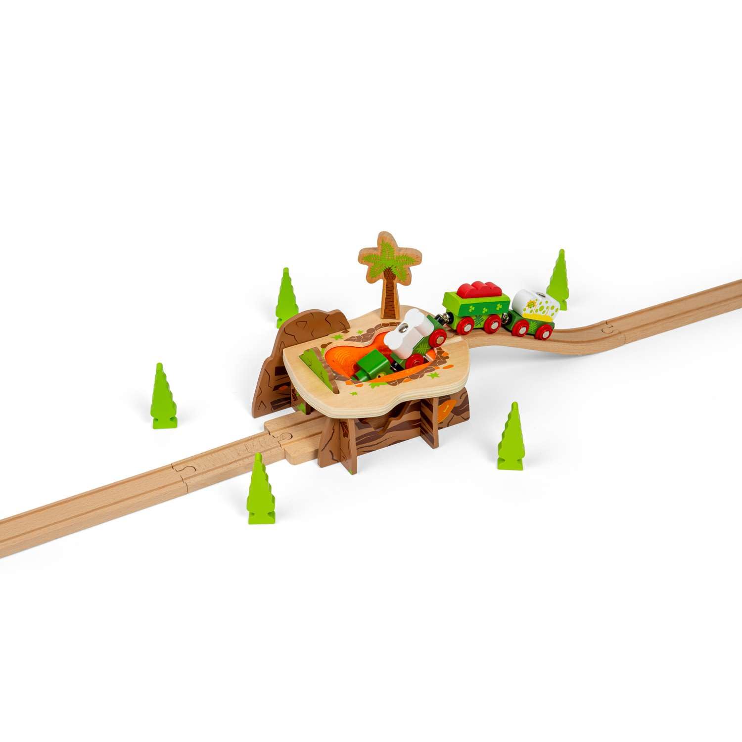 Bigjigs Rail Lava Pit - drewniany tunel kolejowy z 2 elementami torowymi i rampą, pociągi dla dzieci i akcesoria kolejowe, zabawki dinozaurów i prezenty dla małych dzieci, 3 lata +