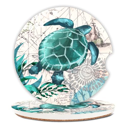 2 Pack Sea Turtles Pattern Absorbent Car Coasters for Cup Holders,2.56" Ceramic Coasters with Cork Back and Finger Slot,Auto Accessories for Women & Men.
