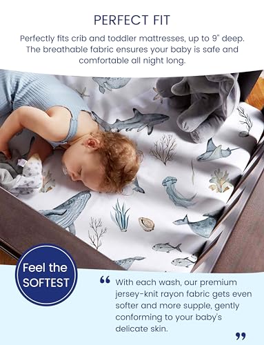 Image of TotAha Crib Sheets for Boys Girls, Premium Soft Crib Mattress Fitted Sheet, Super Stretchy Jersey Knit Baby Sheets, Silky Comfort Baby Bed Sheets 28x52x9 Extra Deep Pocket, 2 Pack (Sea Animal)