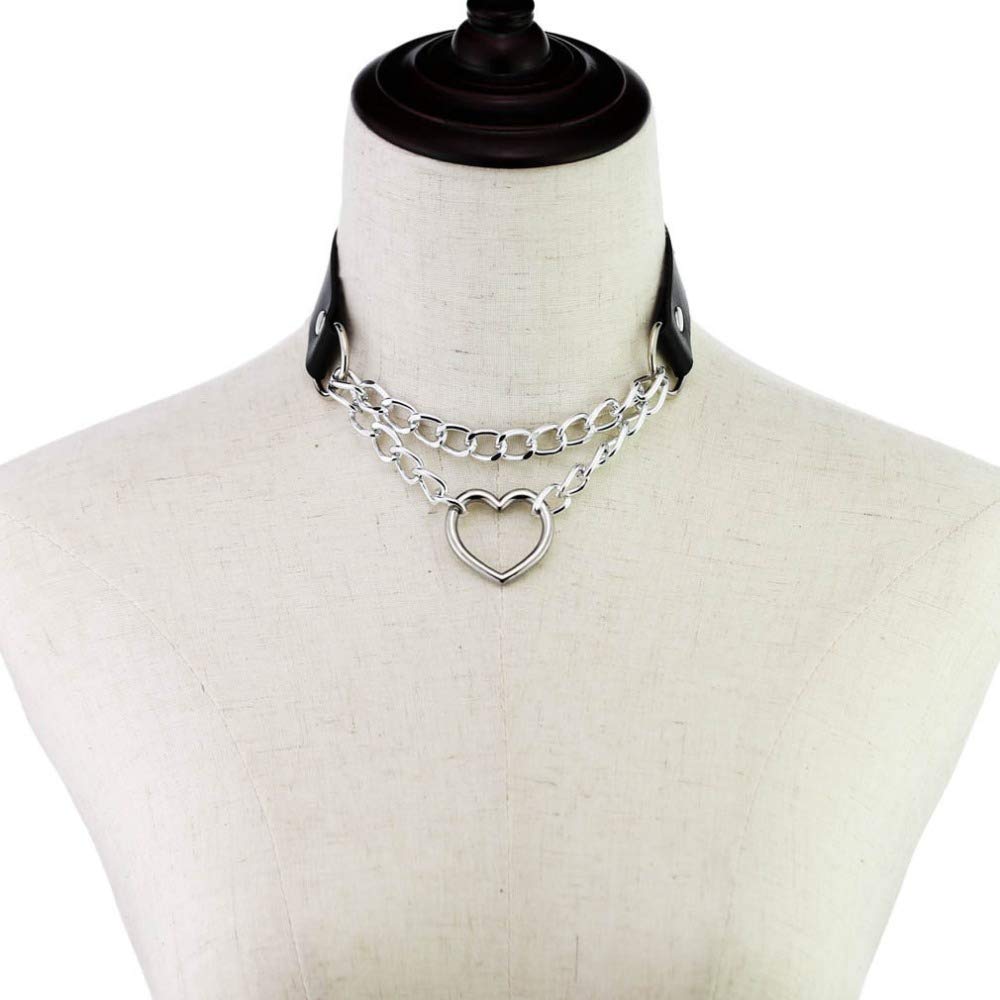 Leather Choker Collar Necklace, Heart Shape Gothic Punk Rock Choker Necklace Collars: Pink Heart Chain