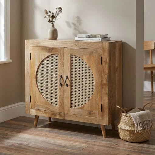 Levon Artson Solid Acacia Wood Sideboard Cabinet 2 Door Rattan Storage Cabinet Boho Rustic Buffet Cabinet for Living Room, Dining Room & Entryway Natural Finish-image-33
