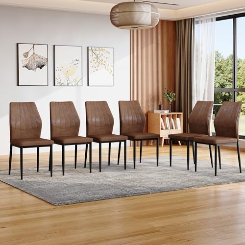 Brown Dining Chairs Set of 6,Rusic Farmhouse Upholstered Kitchen Chairs with Soft Cushion and Black Metal Legs,Mid Century Modern Dining Room Chairs,Easy to Assemble and Comfortable Seating