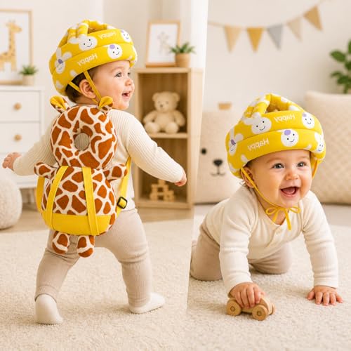 Image of GLUN Baby Back Protector with Head Protective Hat Combo Set, Cute Giraffe Shape Soft Cushioning, Adjustable Shoulder Belt, Head Protection Gear for 6-18 Month Toddler Kids