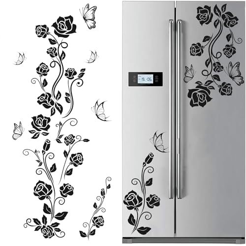 TOARTI Rose Stickers Cuisine,Noir Fleur Vigne Stickers Muraux,Réfrigérateur en PVC Papillon Autocollant Murales,Art Décor pour Placard Maison Cuisin