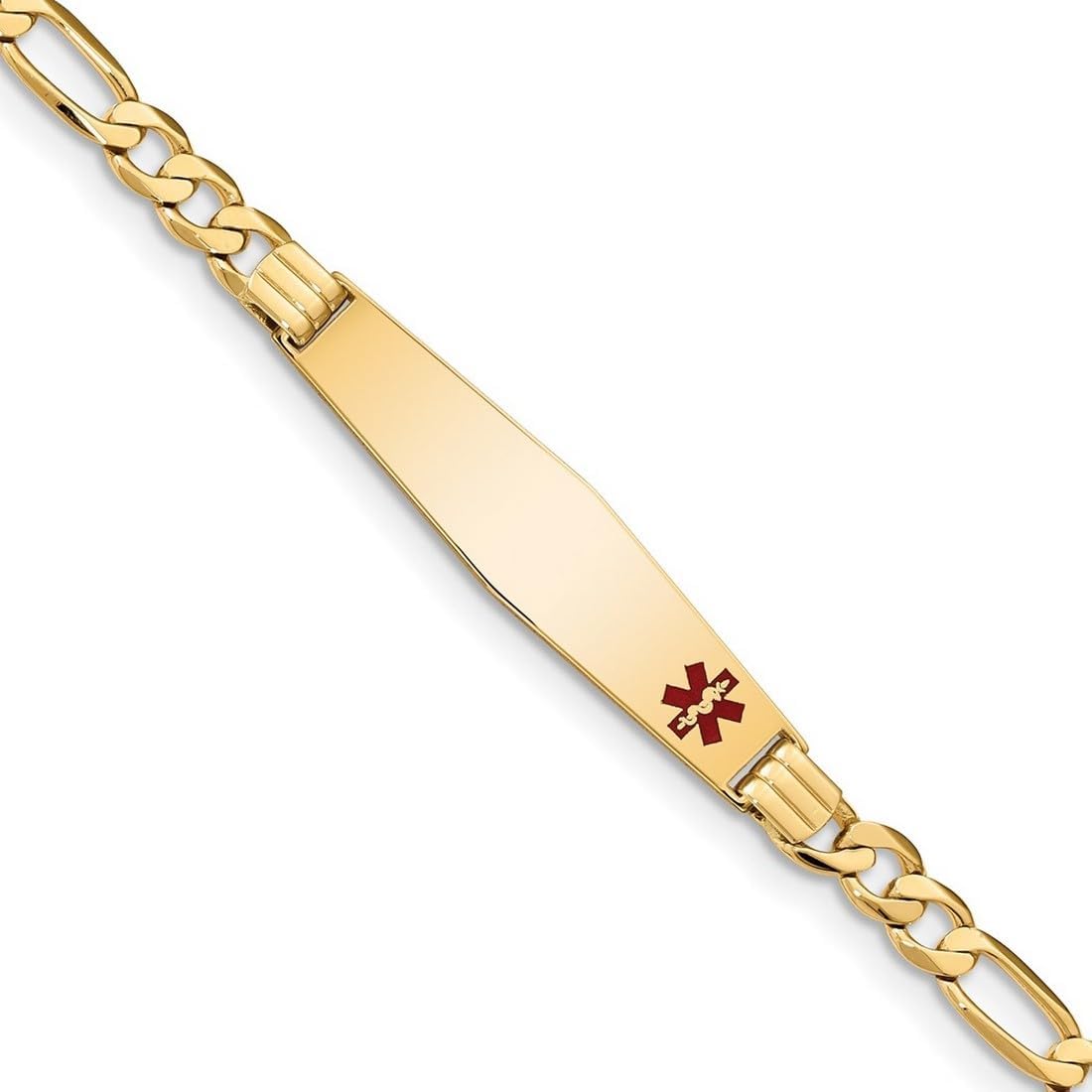 JewelryWeb 9.5mm 14k Solid Yellow Gold Medical Soft Diamond Shape Red Enamel Flat Figaro Link ID Bracelet Identification Bracelet for Women