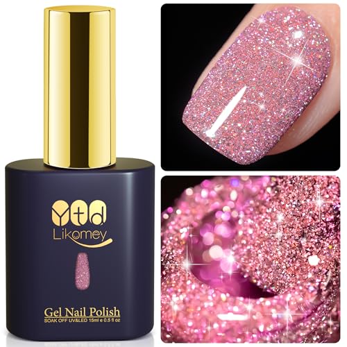 YTD Likomey Esmaltes Semipermanentes Reflectante Brillantina Glitter,15ml Rosa Pintauñas Permanentes de Uñas en Gel UV Purpurina,Esmalte de uñas con Brillo de Diamante,SZ397