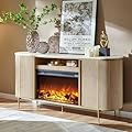 OKD Luxury 70" Fluted Fireplace TV Stand, Modern Chic Entertainment Center for TVs Up to 80 inches, TV Console with Faux Marble Top, Curved Profile Design, Media Console for Living Room, Natural Oak