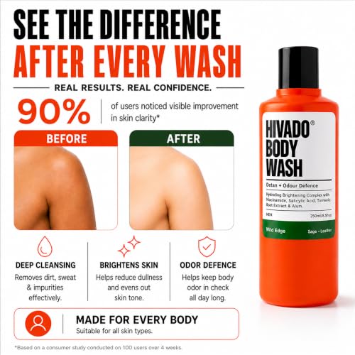 Image of HIVADO Men's De-Tan Body Wash 3x250ml | Tan Removal & Skin Brightening Shower Gel with Niacinamide & Turmeric | Controls Oil, Body Odour & Back Acne | Alum, Salicylic Acid & Lactic Acid Formula | Hydrating Cleanser | Sage & Leather Scent