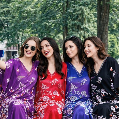 Image of Miss Lavish London Women's Purple Floral Kaftan Dress with Pockets, V Neck Maxi Beach Cover Up, Short Sleeve Batwing Caftan with Side Slits, Plus Size Swimsuit Coverup-Purple-M