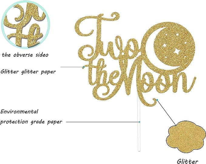 Image of Two the Moon Cake Topper | Happy 2nd Birthday Cake Topper | 2nd Birthday Party Decoration Supplie | Smash Cake Decoration | Photo Booth Props | Gold Glitter