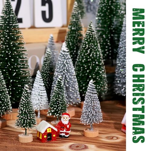 30Pcs Mini Christmas Trees Artificial Christmas Tree Bottle Brush Trees with Wooden Base for Christmas Decor Party Home Table Craft Decorations(Green+Silver+White)