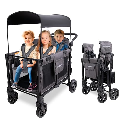 WONDERFOLD W4 Elite Pro Stroller Wagon (4 Seater) - Collapsible Wagon Stroller with Seats with 5-Point Harnesses, Adjustable Push Handle, and Adjustable Sun Canopy, Charcoal Gray