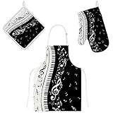 My Daily Kitchen Apron with Pockets, Oven Mitt and Pot Holder Set, Music Notes Piano Keys Adjustable Cooking Apron, Microwave Glove, Potholder, 3 Piece