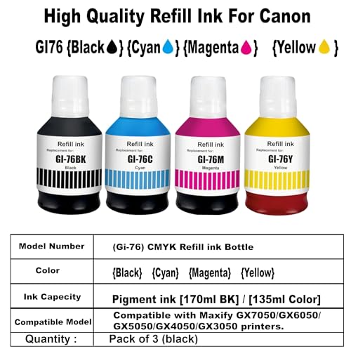 Image of CANOFF GI-76 Ink Bottle Water Based Refill Ink Suitable for Canon MAXIFY GX5070,GX6070,GX7070 Printer (Black Pack of 3, 170ml)