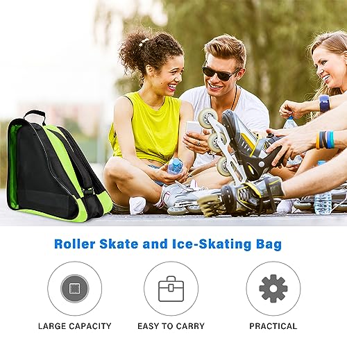 Image of Roller Skate Bag, Breathable Ice-skating Bag Shoulder and Top Handle Oxford Cloth Skating Bag for Women Men and Adults Roller Skate Accessories (Green)