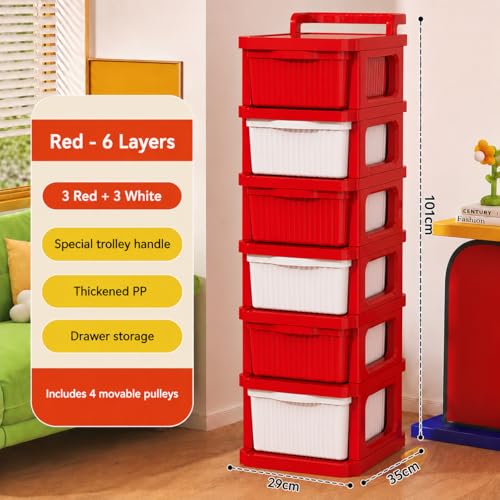 Image of JD FRESH 6 Tier Plastic Storage Drawer Cabinet with Wheels /Plastic Storage Drawer /Multipurpose Chest of Drawer /Storage Box for Living Room, Office and Home /Toys Organizer for Kids Room (Red)