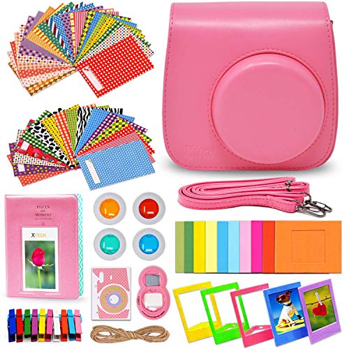 Xtech FujiFilm Instax Mini 9/8 Flamingo PINK Accessories Kit with Flamingo Pink Camera Case with Strap + Photo Album + Colorful Frames + Sticker Frames + Large Selfie Mirror + 4 Colorful Filters +MORE