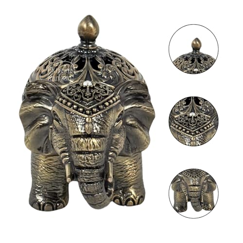 Image of Trunk Down Elephant Incense Cone & Loban Burner, Antique Bronze, Handmade Luxury, Decorative Figurine, Gift Box Pack, Traditional Dhoop Batti Dhuni, Holder
