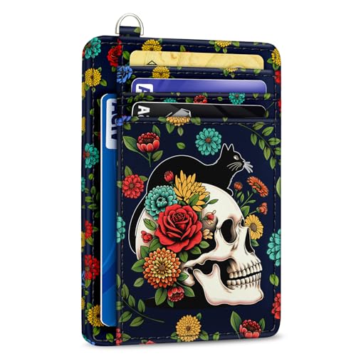 Image of Yonlevres Cat Skull Credit Card Holder Slim RFID Wallet Women Small Travel | Front Pocket, Handy, RFID Blocking, Woman Girls Ladies Gifts, D-ring for Keychain,Thin Mini Card Case, ID Window, PU Leather
