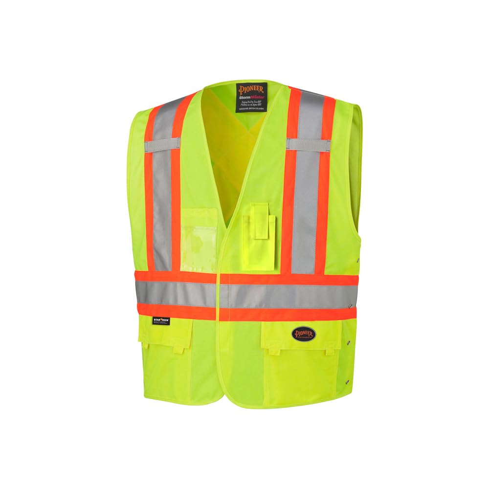 Pioneer Hi Vis Reflective Adjustable Safety Vest for Men & Women For Traffic & Construction - ID & Phone Pockets - Yellow