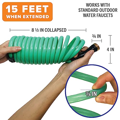 15Ft Coiled Boat Hose | Coil Hose Water Hoses Expandable Perfect Coil Water Hose Rv Wash Water Hose Spring Washdown Short Small 15 Foot Coiling Garden Marine Grade 3/4 Inch Connectors Self Recoil #TOP4