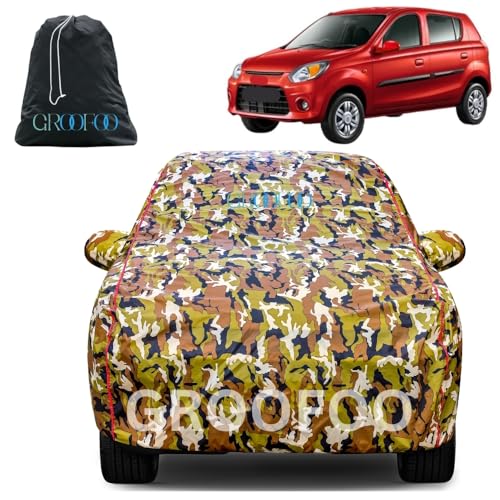 Image of GROOFOO Waterproof Car Body Cover Compatible with Alto 800 | Triple Stitched Bottom Elastic Dustproof UV Heat Scratch Resistant Full Body Vehicle Protection Cover (Army Red)