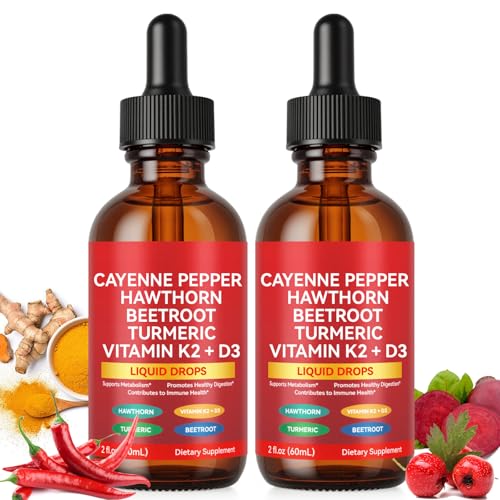 2 Pack Cayenne Pepper Drops Liquid Cayenne Pepper Organic Cayenne Health Supplements Cayenne Pepper Hawthorn Beet Root Turmeric Curcumin Vitamin K2 & D3 Vegan-Friendly