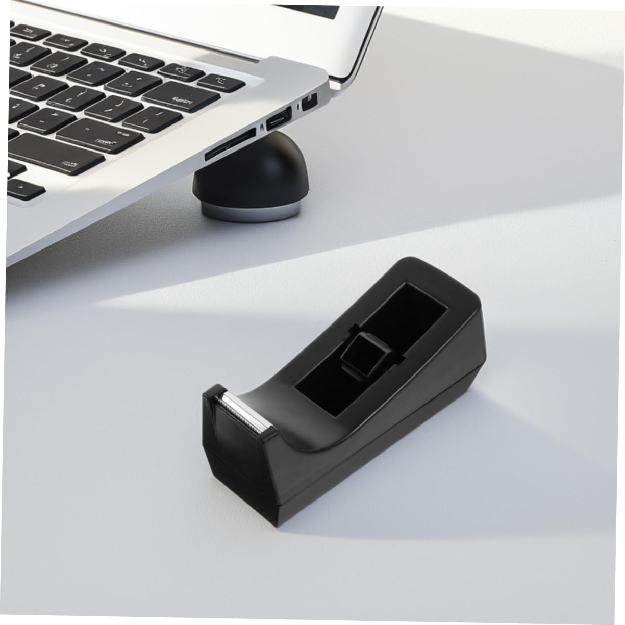 Distributore di Nastro Adesivo da Scrivania Compatto Nero | Abs e Acciaio Inox, Uso Versatile per Workspace e Scuola, Design Estetico Struttura Robusta