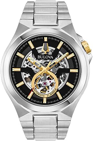 Bulova Men's Classic Maquina Stainless Steel 3-Hand Automatic Watch, Skeleton Dial with Gold Tone Accents Style: 98A224
