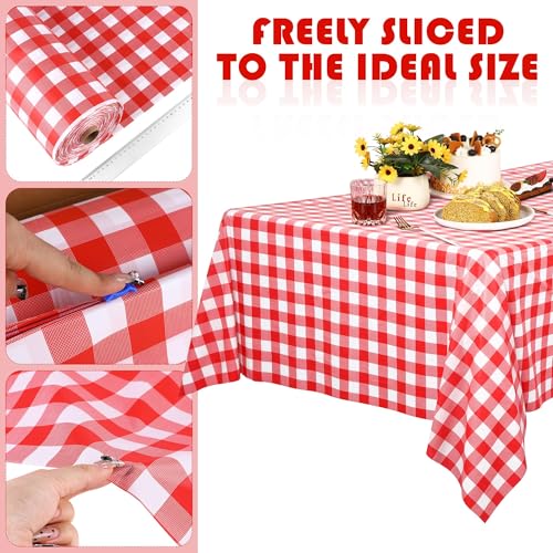 Image of Kochorie 54 Inch x 100 Ft Red Checkered Plastic Table Cloth Roll Disposable Waterproof Table Cover Plastic Table Cover Roll with Easy Slide Cutter for Outdoor Picnic /Home Dining /Summer Party