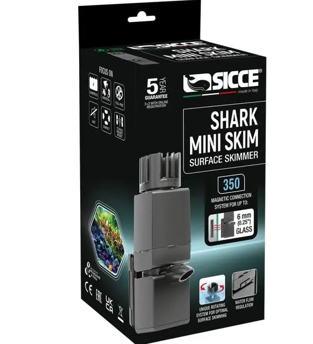 Sicce Shark Mini Skimmer 350 – Magnetic Surface Skimmer for Aquariums, Floating Skimmer Head with 30mm Excursion, Adjustable Rotating System & Safety Grid (For Glass up to 6mm)