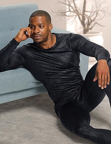TSLA Men's Thermal Underwear Set, Microfiber Soft Fleece Lined Long Johns, Winter Warm Base Layer Top & Bottom, Soft Micro Fleece Woodland Slash Black, Medium