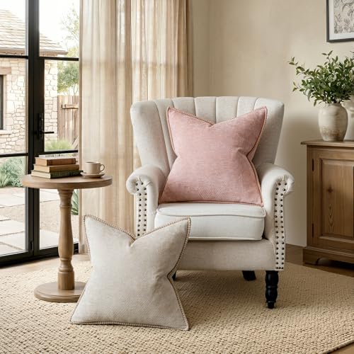 Image of a moment Pack of 2 Decorative Chenille Throw Pillow Covers with Twill Cushion Covers for Sofa Living Room Couch Bed 20x20 Inch,Crafted Border Blush Pink