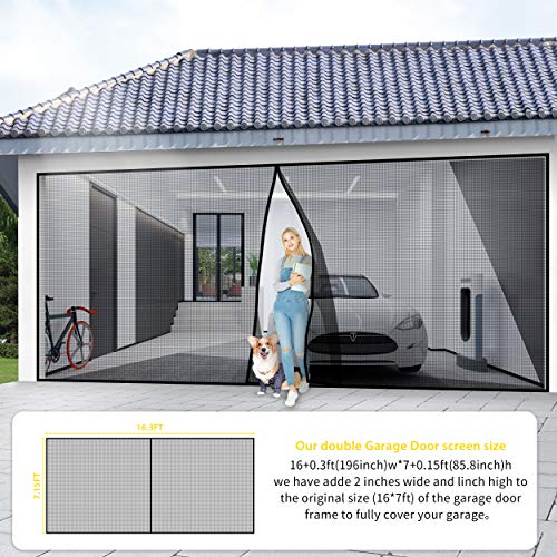 Garage Door Screen for 2 Car 16x7FT Garage Doors,Heavy Duty Upgrade Glass Fiber Door Screen Curtain for Garage Door,Hands Free Magnetic Screen Door (6 Strapping Tapes Include)