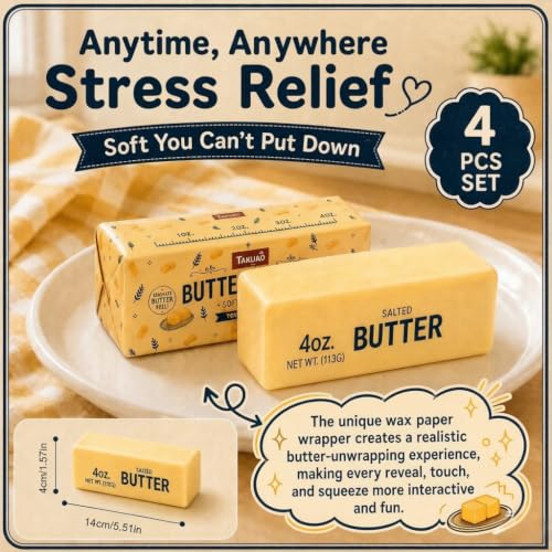 Image of 4PCS Butter Squishy - Slow Rising Butter Squishy Toy, Realistic Food Fidget Toys for Adults, Soft PU Material, Sensory Anxiety Relief & Focus Aid, Portable 5.5 Inch Squishy Butter for Office & Home