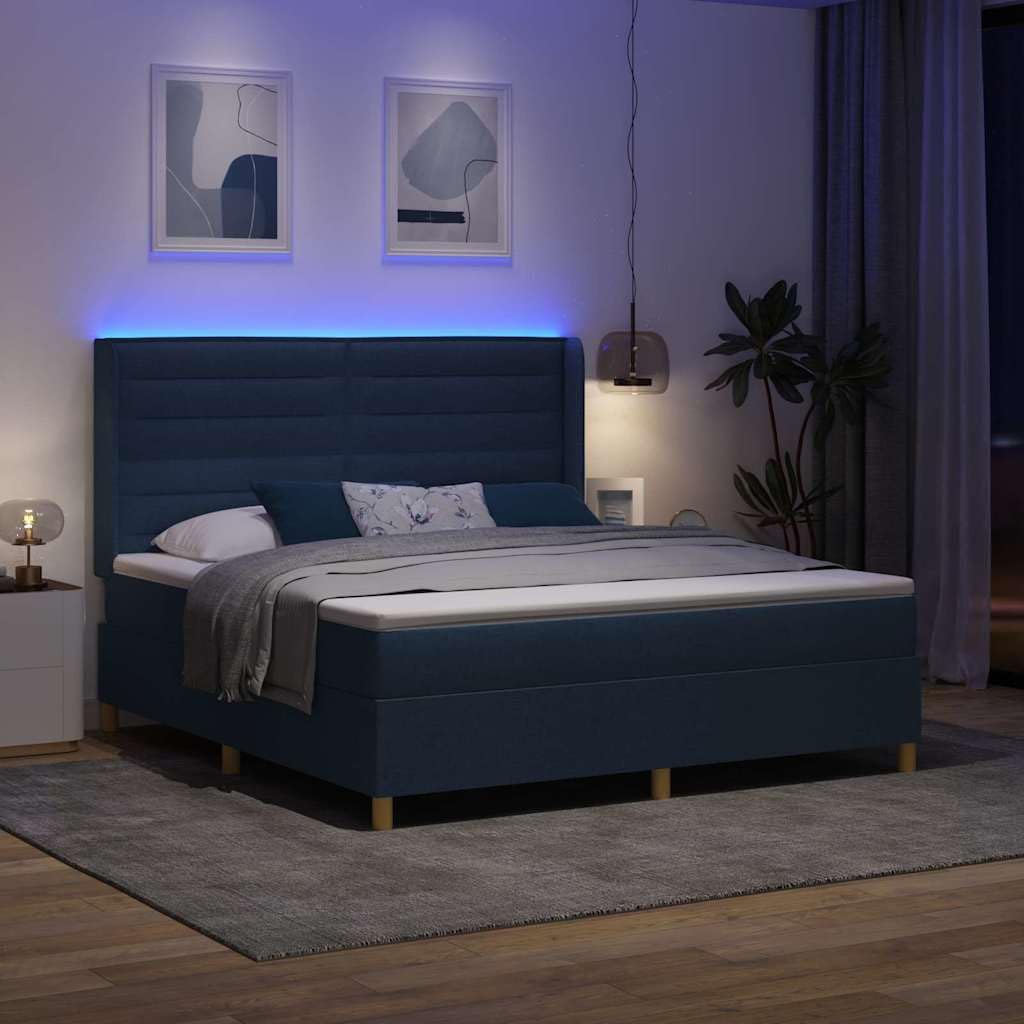 Cama con somier con tiras de luz LED, azul, 180 x 200 cm, tejido ajustable, cabecero de cama de resistencia media, somier de lamas, alimentado por USB, estructura de madera estable, cama de