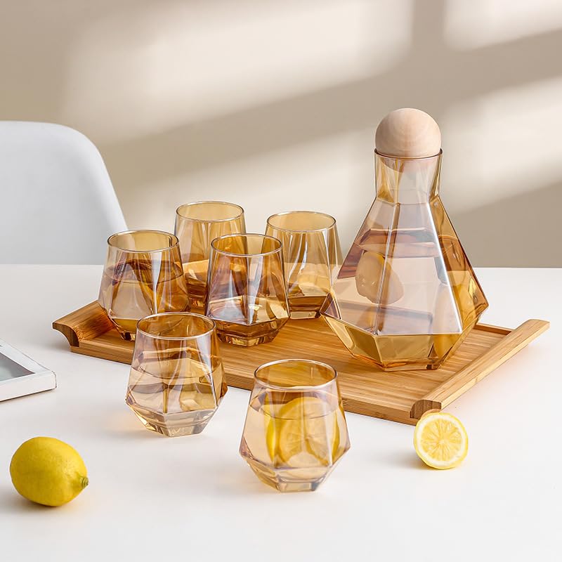Karaffe 1 Set Luxus-Wasserkocher aus rautenförmigem Glas mit Kugeldeckel aus Naturholz, durchsichtiger Krug for kaltes Wasser, Saft-Getränkekrug, Heimgetränk Wasserkaraffe (Color : Gray Set)