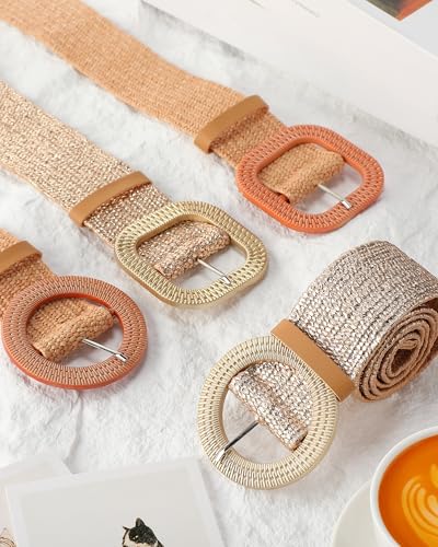 Image of WILLBOND 4 Pcs Women's Elastic Raffia Woven Belt, Boho Rattan Buckle Stretch Straw Wide Waist Belt for Dresses Jeans Pants