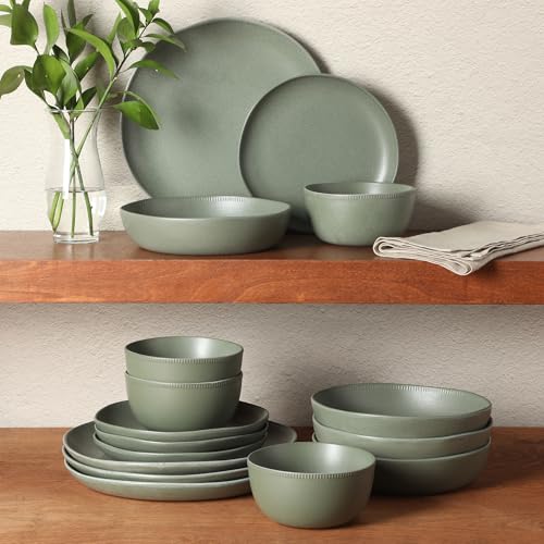 Image of Gibson Elite Menlo Park 16-Piece Pottery Clay Stoneware Dinnerware Set - Green Reactive Glaze, Organic Shape Embossed Plates and Bowls W /Pasta Bowl, Service for 4 - Microwave & Dishwasher Safe