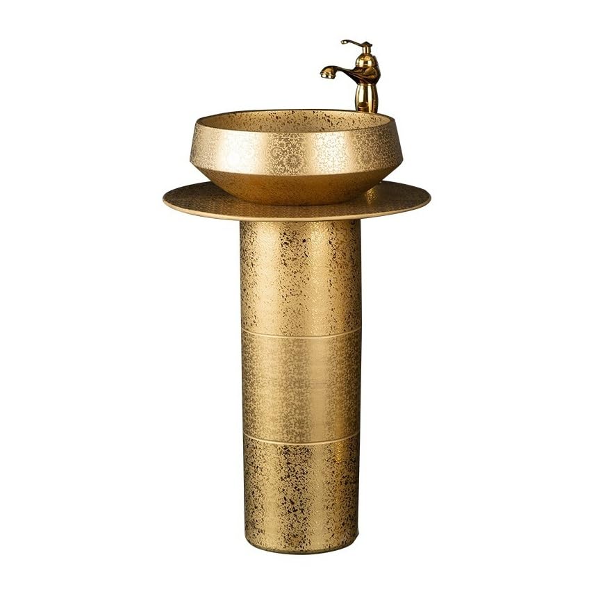 Lavabo de baño Fregadero de pedestal dorado de lujo, lavabo de columna de baño de 3 piezas, lavabo de tocador de baño de pie combinado con grifo, desagüe y espejo Lavabo de pedestal para baño(C)
