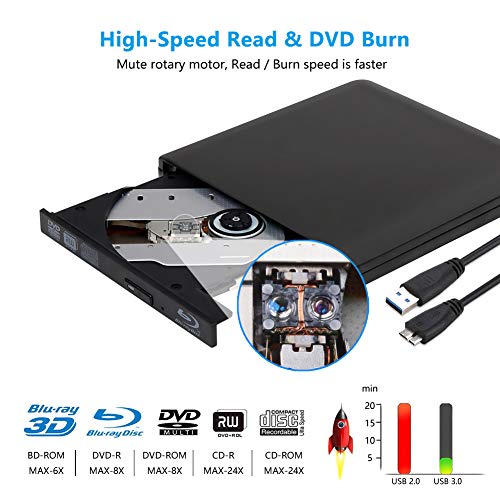 External Blu Ray DVD Drive Burner, Portable Ultra USB 3.0 Slim Blu Ray CD DVD Burner Player Reader Writer Disk for Mac OS, Windows 7/8.1/10 /Linxus, Laptop, PC (Black)