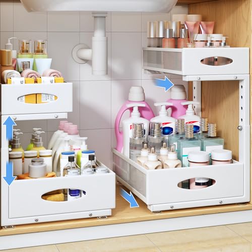 Image of Under Sink Organizer, 2 Tier Pull Out Under Cabinet Organizer Shelf with Pad for Framed Cabinets, Metal Slide Out Under Sink Storage, Mesh Sliding Drawers for Kitchen Bathroom Laundry(White, 1 Pack)