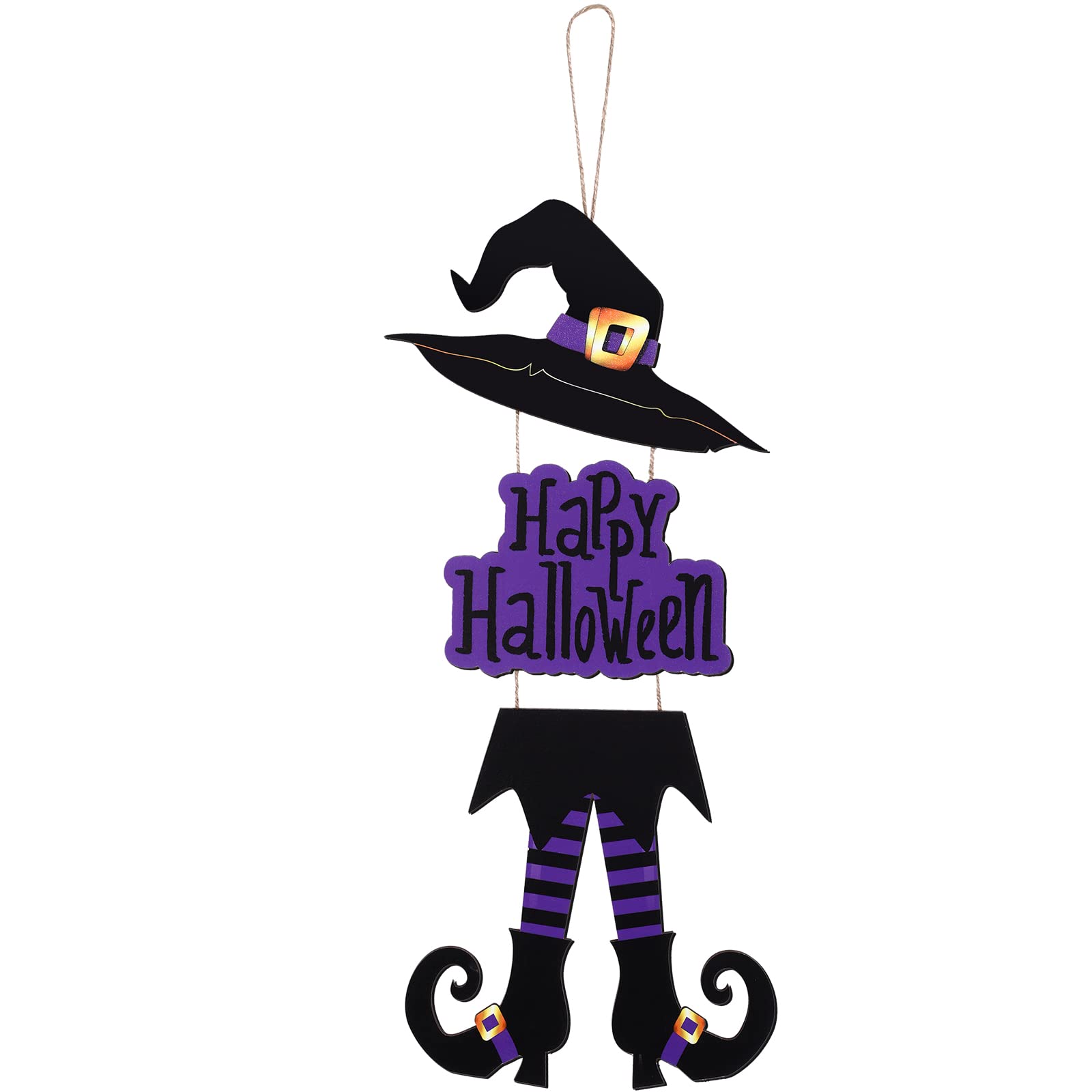 Yerliker Halloween Happy Sign Decoration Witch Legs Hat Hanging Wooden Wall Decor Version Rustic Front Door Hanger Fall Art Ornament for Home Room