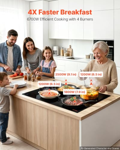 Image of VEVOR Electric Cooktop 30inch 4 Burners Stove Top 6700W 220V No Plug, Ceramic Built-in Radiant Electric Stove, with 11 Power Levels, Timer, Child Lock, Over-Heat Guard, Knob /Touch Control