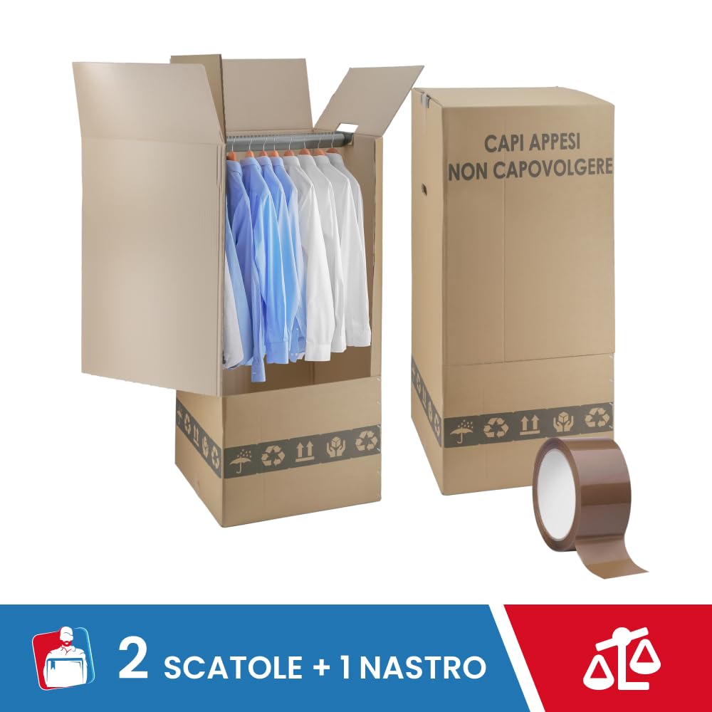 IMBALLAGGI 2000 Scatole Cartone Porta Abiti con Barra Appendiabiti 50x50 cm h 110 cm Scatoloni Doppia Onda per Trasloco Armadio 2 pezzi + Nastro Adesivo