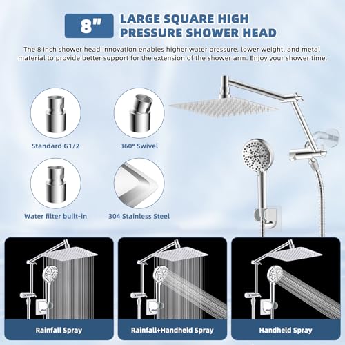 Image of Metal Rain Shower Head with Handheld, 8 inch High-Pressure Showerhead,10-Mode | Chrome, Rainfall Shower Head with 5 inch Large Handheld Spray, Adjustable 16 inch Shower Extension Arm /71 inch Hose, Brass 3-Way Diverter