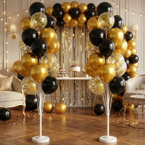 Image of Balloon Column Kit Set of 2 With Confetti Balloons Included - with Base, and Pole,Balloon Tower Backdrop Decoration for Wedding, Baby Shower, Birthday Party, or Bachelorette Parties (Black Gold)