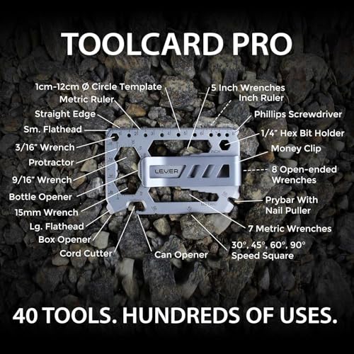 Toolcard Pro with Money Clip - 40 in 1 Credit Card Multitool Card - Sleek Minimalist Stainless Steel Wallet Card and Money Clip by Lever Gear (1, Black)2
